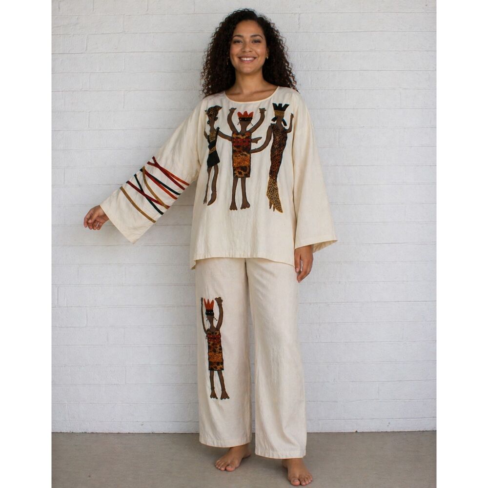 Alfredo's Wife XL Tribal Dancers Wearable Art Tunic Cropped Cotton Pant Set